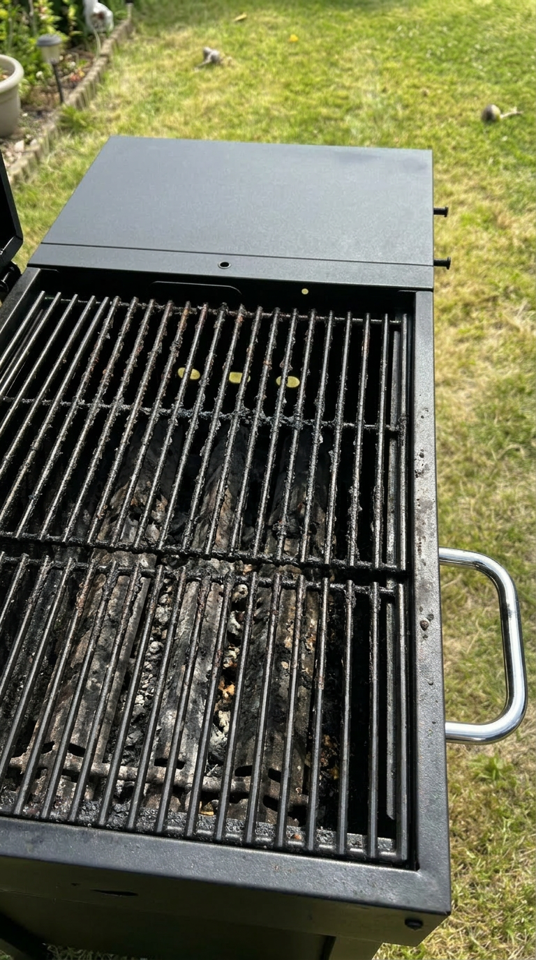 BBQ grill grates caked with burnt-on grease before cleaning